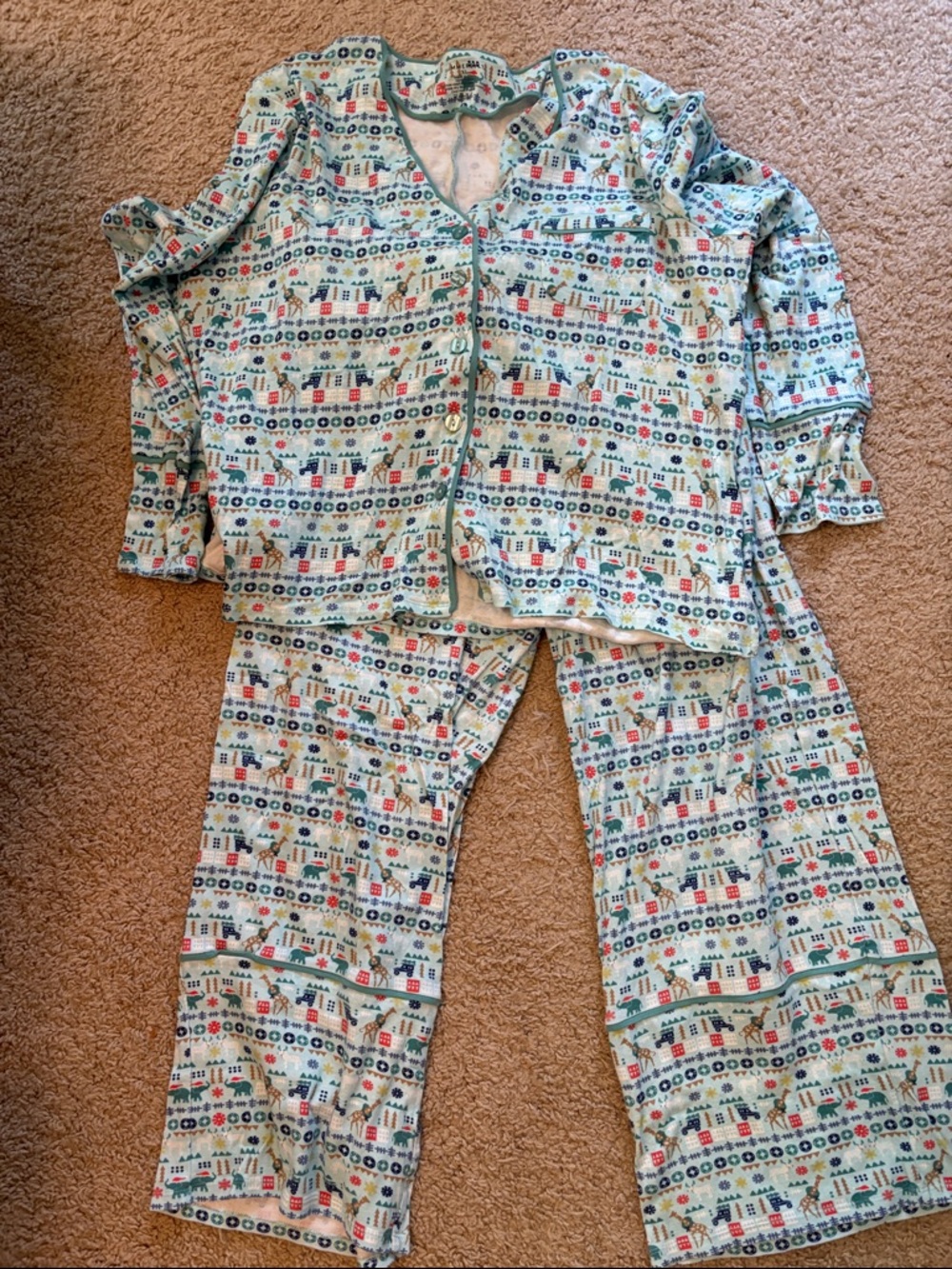 summersalt Light Blue Holiday Patterned Pajama Set with Green Trim